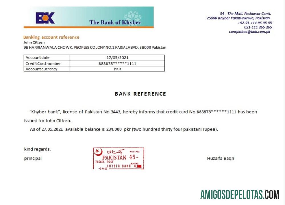 Referência do Paquistão Khyber Bank exemplo real